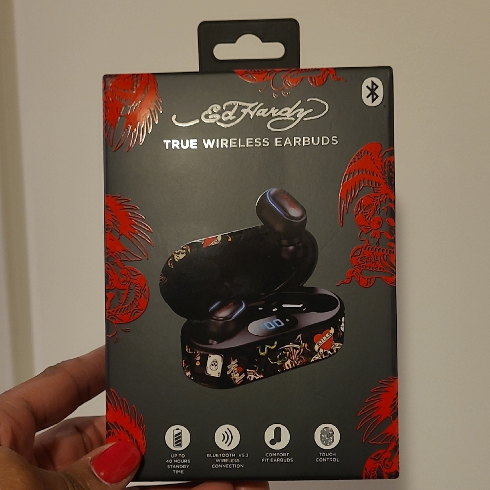 Ed Hardy Wireless Earbuds with Red and Black Design